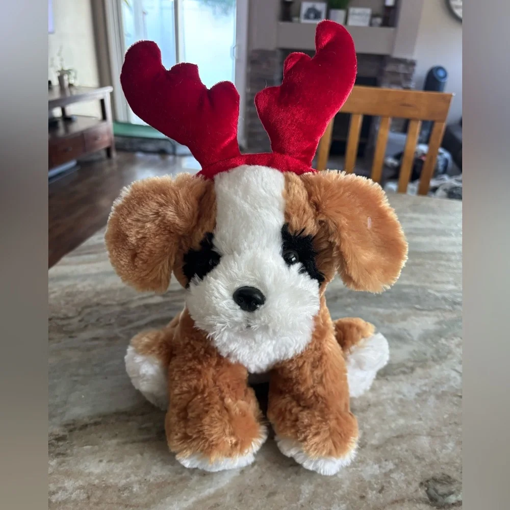 Holiday Puppy Plush with Reindeer Antlers - Brown and White Dog with Red Antlers